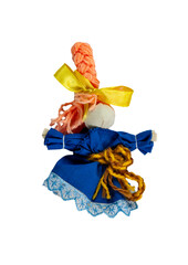 A doll in a blue dress with a yellow belt. Traditional Russian doll made of fabric. Home crafts.