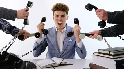 A lot of phone calls: Busy Angry assistant agent helper  working and answering a lot of calls at...