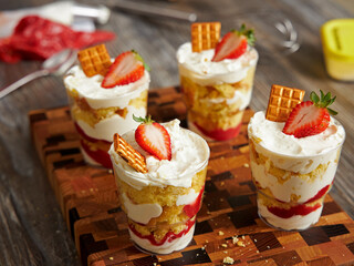 Close-up of cooked trifles with fresh strawberries and chocolate