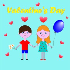Valentine's Day. The boy and the girl are holding hands and smiling. The boy has flowers in the other hand, the girl has a balloon. There are small hearts around them.