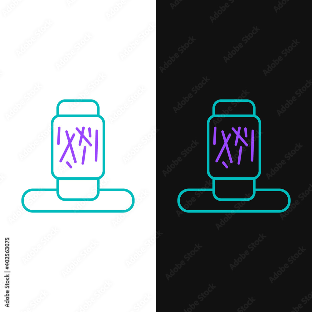 Poster line cat scratching post with toy icon isolated on white and black background. colorful outline conc