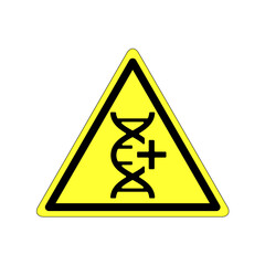 Hazard warning attention sign with symbol GMO, genetically modified DNA yellow icon. Label or tag on package food isolated on white. Sticker change DNA, mutation organism. Vector illustration