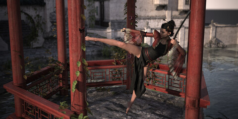 Woman from China performing dance and fighting figures with the sword in the Chinese pavilion. 3D rendering, 3D illustration, 3D art.