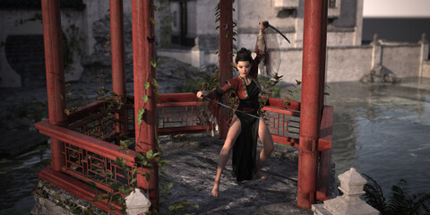 Woman from China performing dance and fighting figures with the sword in the Chinese pavilion. 3D rendering, 3D illustration, 3D art.