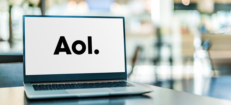 Laptop computer displaying logo of AOL
