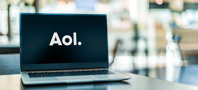 Laptop computer displaying logo of AOL