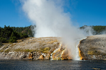 Boiling runoff from Excelsior Geyser into the Firehole River in Yellowstone National Park