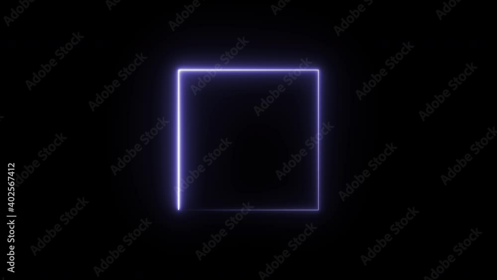 Poster simple square shape preload animation on a black background with violet neon thin line light.
