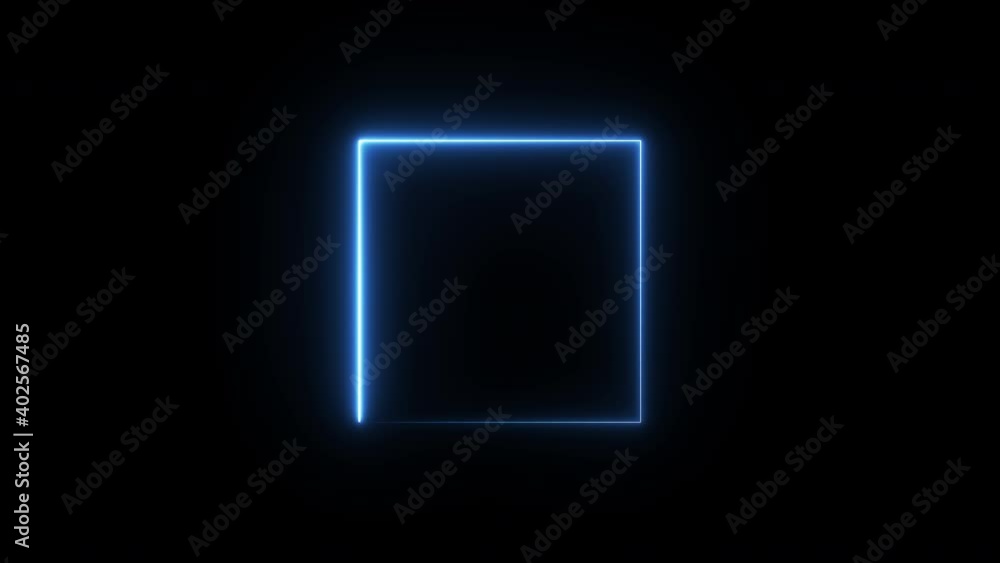 Poster simple square shape preload animation on a black background with blue neon thin line light