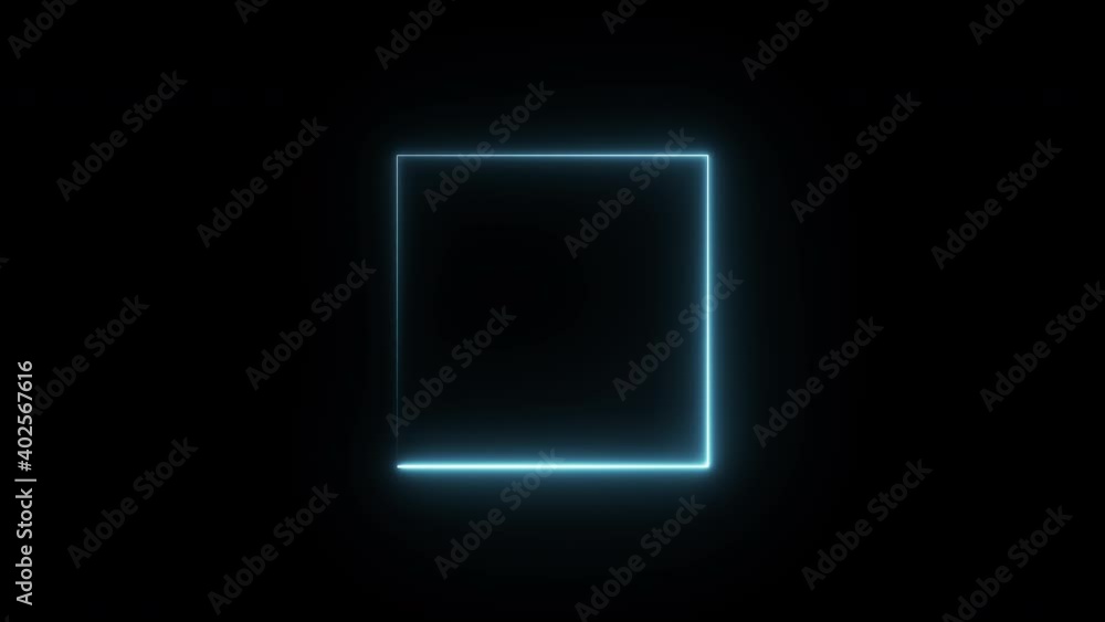 Poster simple square shape preload animation on a black background with blue neon thin line light