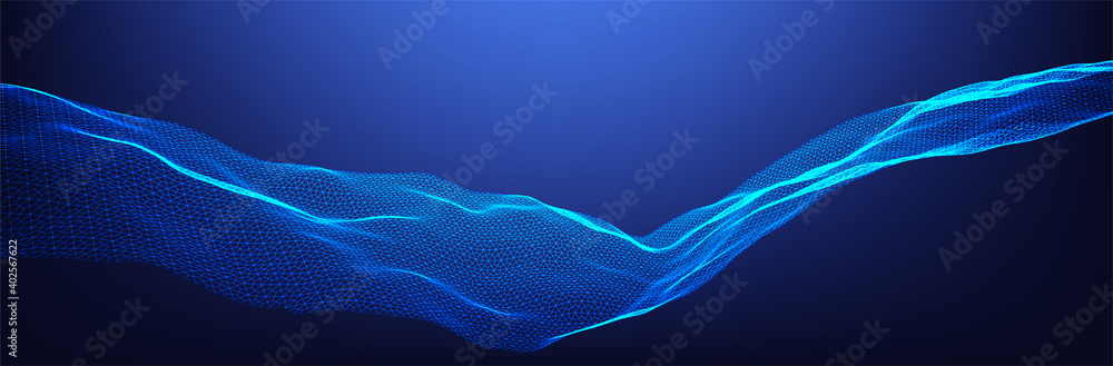 Poster wireframe 3d background. abstract thin line surface on dark blue backdrop. futuristic technology vec