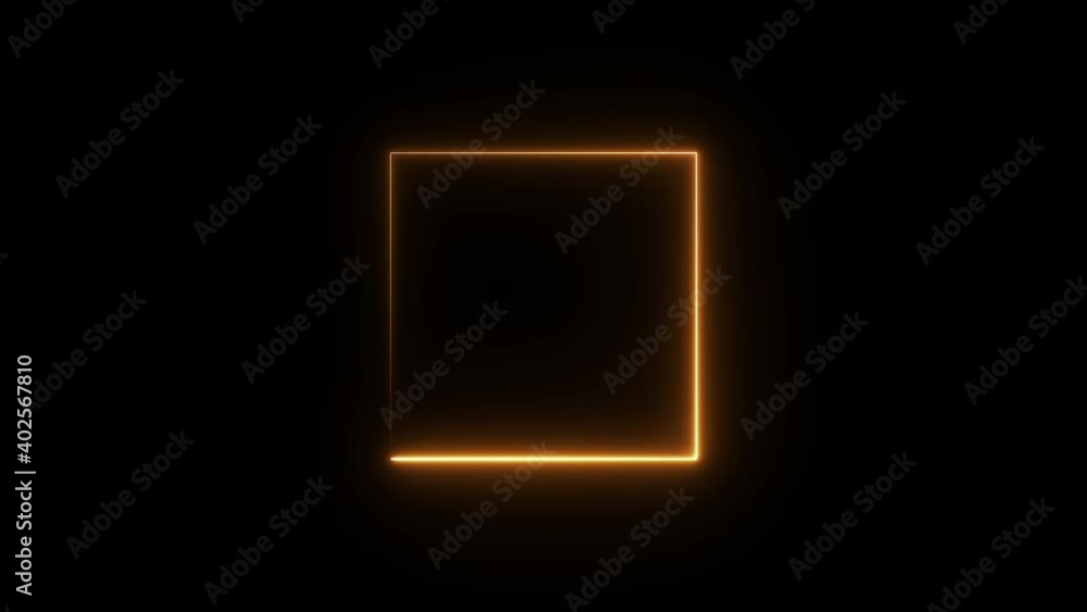 Poster simple square shape preload animation on a black background with orange neon thin line light.