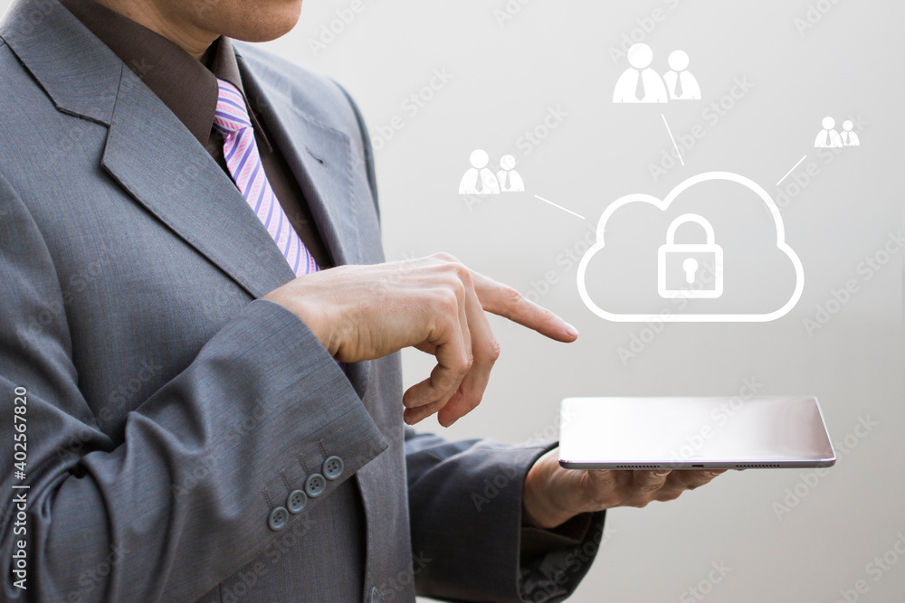Poster cloud computing, cyber security and technology network connection concept. businessman hand holding 