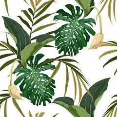 Tropical seamless pattern with many kind of exotic palm leaves and Medinilla flower on white background.