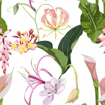 Tropical leaves with pink exotic flowers. Seamless design with amazing Medinilla palant with flowers. Fashion, interior, wrapping, packaging suitable. Realistic branch on white background.