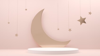 Crescent, Moon, stars on Muslim feast. Holy islam religious month. Ramadan mubarak invitation paper cut. Sleep bedtime, sleepy card with Golden decor and copy space. Ramadan Kareem 3d illustration © amecold