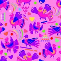 Fototapeta na wymiar Pattern. Seamless pattern with floral romantic elements, birds for your design. Endless textures. Vector illustration.