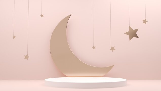 Crescent, Moon, stars on Muslim feast. Holy islam religious month. Ramadan mubarak invitation paper cut. Sleep bedtime, sleepy card with Golden decor and copy space. Ramadan Kareem 3d illustration
