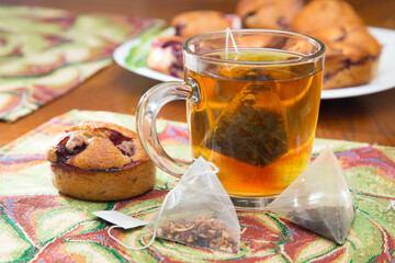 Pyramid-shaped tea bags.Homemade tea party.