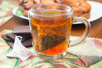 Pyramid-shaped tea bags.Homemade tea party.