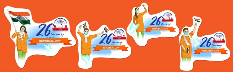 Vector banner of Happy Republic day, 26 january, national holiday of India, abstract India flag, ashoka chakra, soldiers, flag hoisting ,template for website and social media.