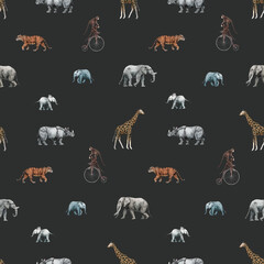 Beautiful vector stock seamless pattern with cute hand drawn safari giraffe elephant tiger monkey rhinoanimal pencil illustrations.