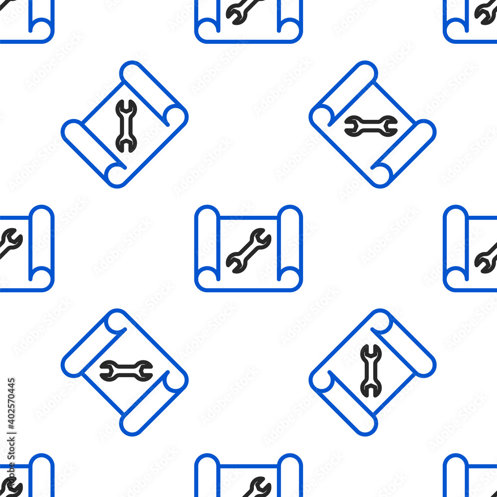Poster line graphing paper for engineering and wrench icon isolated seamless pattern on white background. c