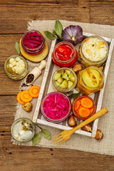 Assorted of fermented vegetables in glass jars