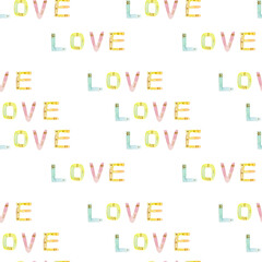 Seamless pattern of letters that make up word love from homemade cookies. Valentines Holiday concept. Pastel colors.