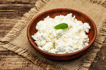 Organic homemade cottage cheese or curd in bowl