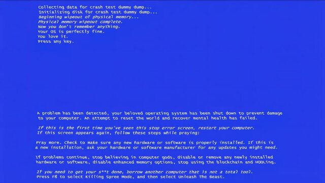 A fake BSOD (blue screen of death) failure message, recreated by me with funny sentences, distorted by an intentional datamosh effect. White text on a blue background.
