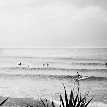 Square black and white surfing scene. A surfer rides a longboard along the beach away from a crowd of other people
