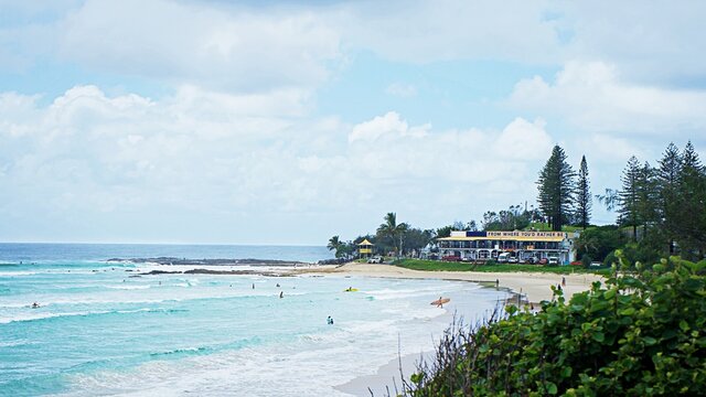 The beautiful Rainbow Bay at Coolangatta on an overcast summers day. Surfers of all abilites enjoy the warm turquoise waves