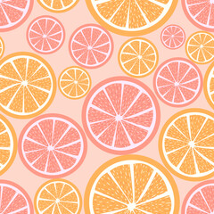 Seamless pattern with oranges, mandarins and grapefruits. Summer citrus repetitive background with slices of fruits.