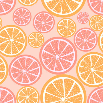 Seamless pattern with oranges, mandarins and grapefruits. Summer citrus repetitive background with slices of fruits.
