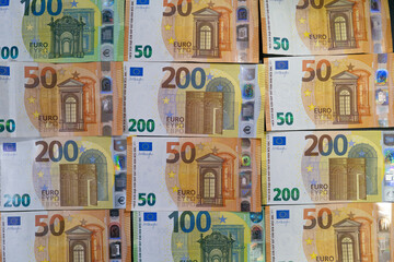 some various high euro banknotes lie spread out side by side