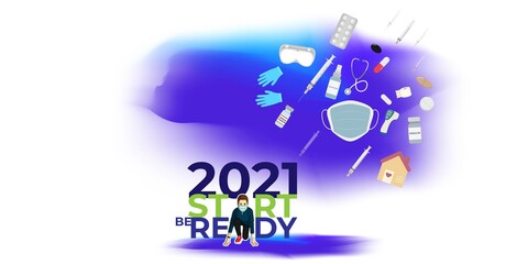 Vector illustration of 2021 start concept, finish 2020. Athlete runner preparing for running, new year 2021 is coming. Plans and goals of success.