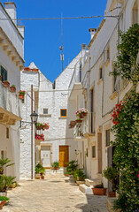 Fototapeta na wymiar Sunny small street with white buildings and flower decoration in the city of Locorotondo, Italy