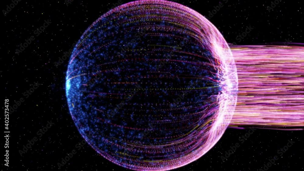 Poster isolated black background. the spinning planet emits a vortex stream of red particles against the ba