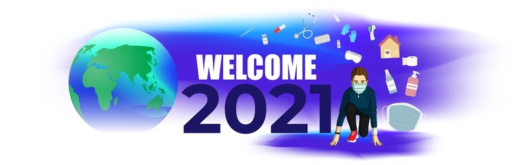 Vector illustration of 2021 start concept, finish 2020. Athlete runner preparing for running, new year 2021 is coming. Plans and goals of success.