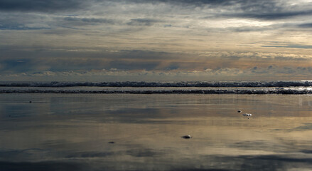 Winter morning on the beach with small waves and dark sand
