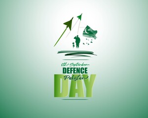 Vector illustration of Pakistan defence day, 6th september, pakistan flag, soldier with rifle and helmet, airforce craft and army tank.
