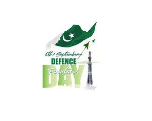 Vector illustration of Pakistan defence day, 6th september, pakistan flag, soldier with rifle and helmet, airforce craft and army tank.