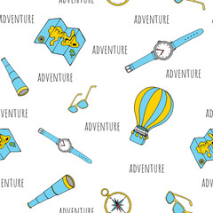 Hand drawn seamless pattern with travel items in cartoon style. Vector Illustration, isolated on white background.