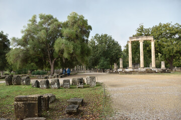 Fototapeta na wymiar View of the main monuments and sites of Greece. Ruins of Olympia. Filipeion 