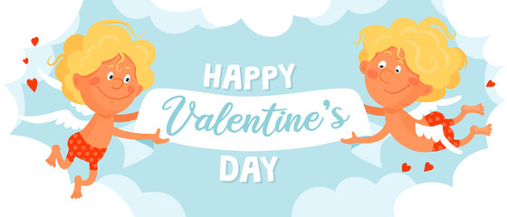 Two cute funny cupids in red shorts are flying in the clouds and holding a ribbon banner for valentine's day. Cartoon vector illustration