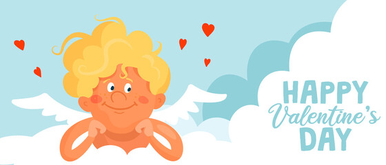 Obraz na płótnie Canvas Cute funny cupid lies on a cloud. Happy valentine's day cartoon vector banner or card