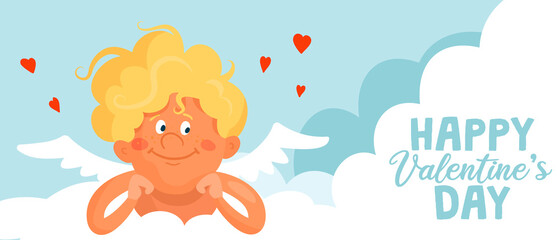 Cute funny cupid lies on a cloud. Happy valentine's day cartoon vector banner or card