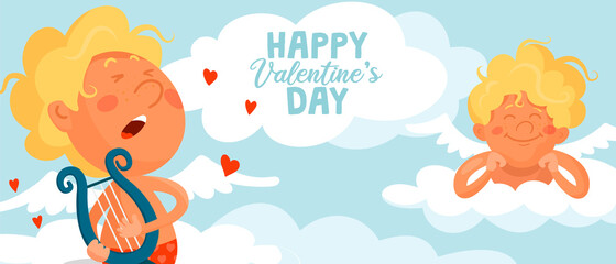 Cute funny cupid plays the harp. Another angel lies on a cloud and listens to music. Cartoon vector valentine's day card or banner