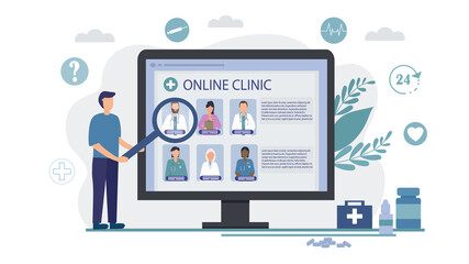 Choosing a doctor online. Telemedicine, remote medical services. Search for a specialist for medical consultation and diagnosis on the Internet. Portraits of different specialist doctors. flat vector